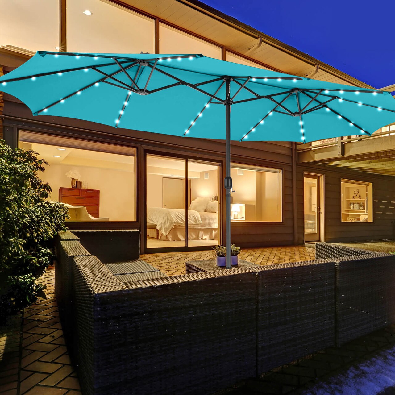 Costway 15FT Twin Patio Double-Sided Umbrella 48 Solar LED Lights Crank Outdoor Wine\Beige\Coffee\Orange\Turquoise